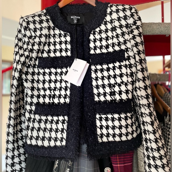 BALMAIN black white houndstooth tweed 4 pocket padded cropped jacket FR42 - Picture 5 of 16